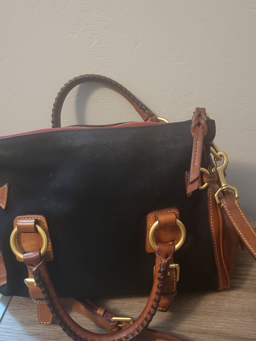 Dooney & Bourke Black Satchel w/ Red Interior - Picture 2 of 3